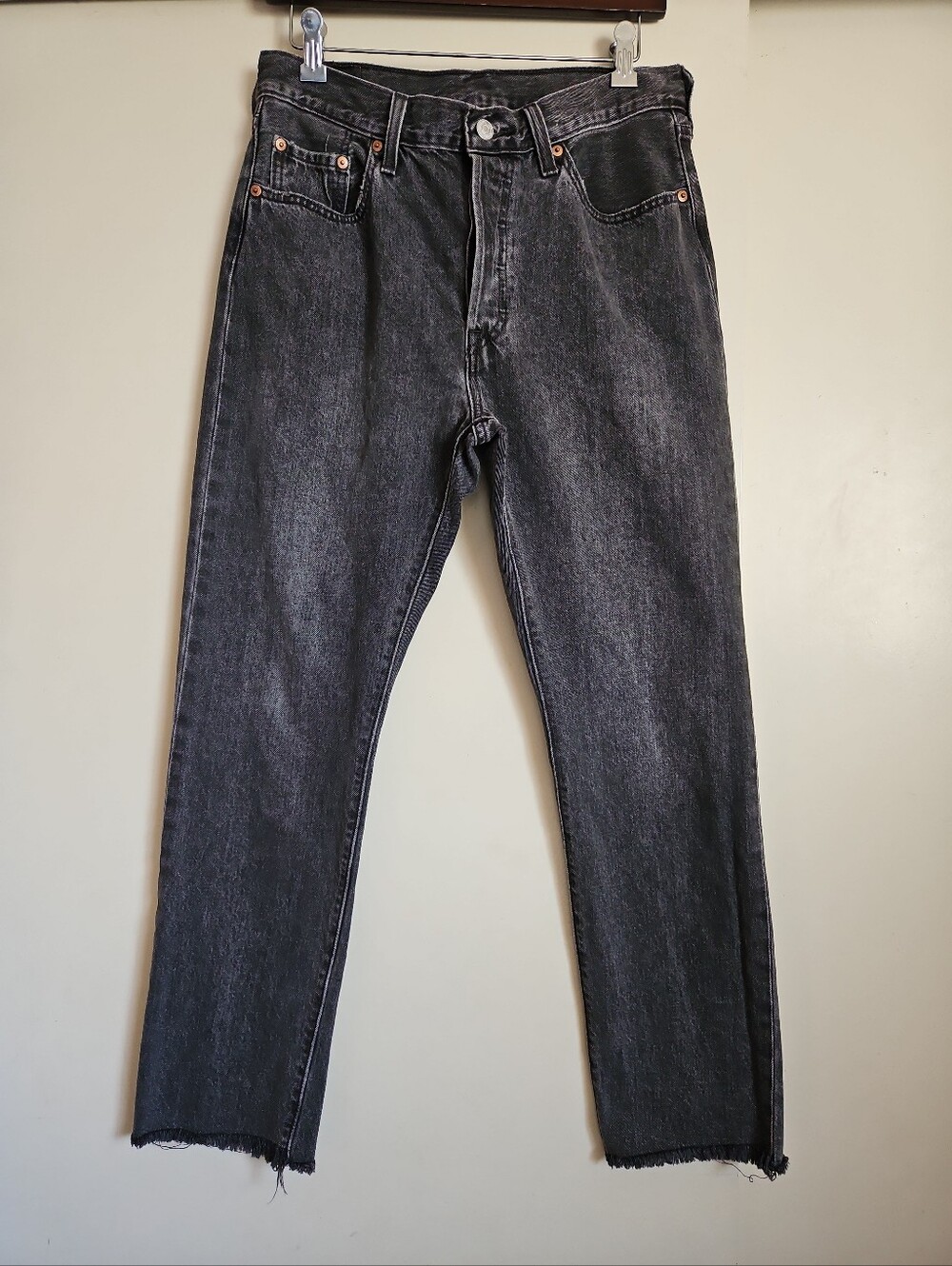 Levi's 501 Charcoal Gray Washed Straight Jeans Raw Hem Button Fly Size 29X30